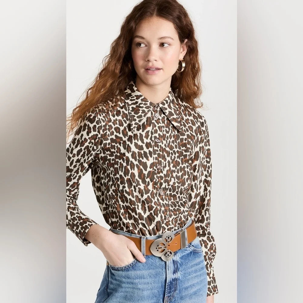 Tory Burch Reva Leopard Poplin‎ Shirt Long Sleeve Button Down